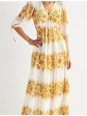 Melonie Floral Puff-Sleeve V-Neck Blouse - White with Orange & Green Floral